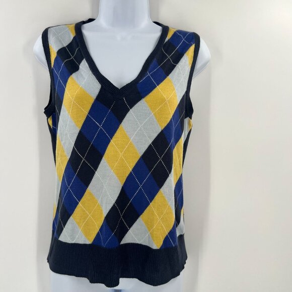 NY&CO Argyle Sweater Vest XS Yellow Navy Gray V-Neck Sleeveless Preppy Academia - Picture 1 of 8